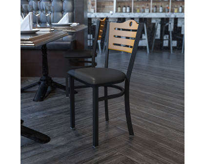 BLNK HERCULES Series Black Metal Slat Back Restaurant Chair with Natural Wood Back and Vinyl Seat