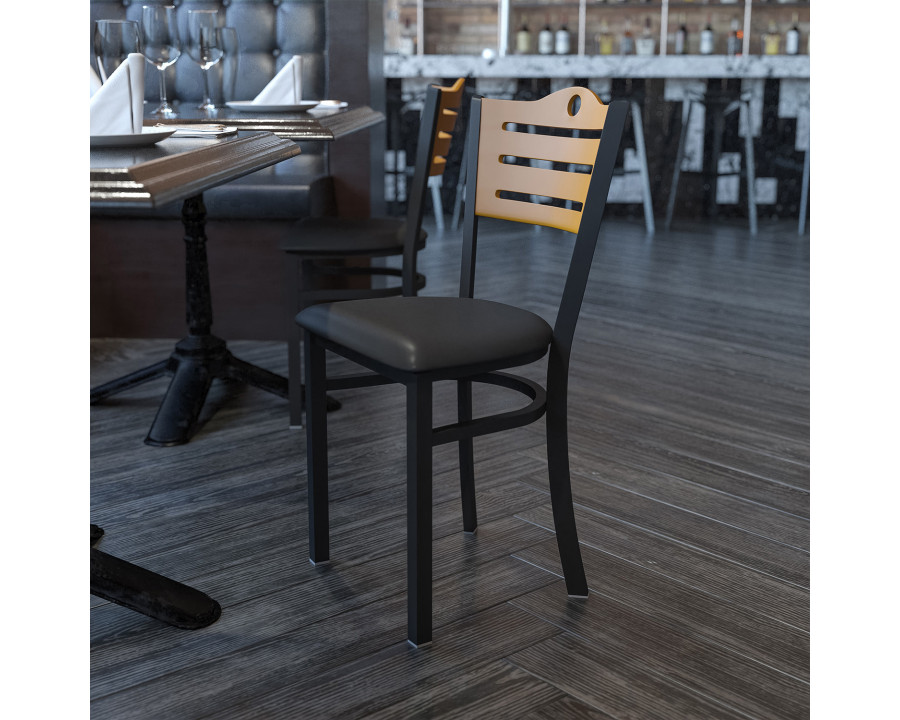 BLNK HERCULES Series Black Metal Slat Back Restaurant Chair with Natural Wood Back and Vinyl Seat - Black