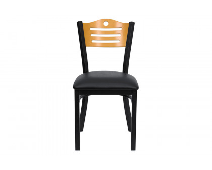 BLNK HERCULES Series Black Metal Slat Back Restaurant Chair with Natural Wood Back and Vinyl Seat - Black