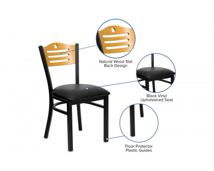 BLNK HERCULES Series Black Metal Slat Back Restaurant Chair with Natural Wood Back and Vinyl Seat - Black