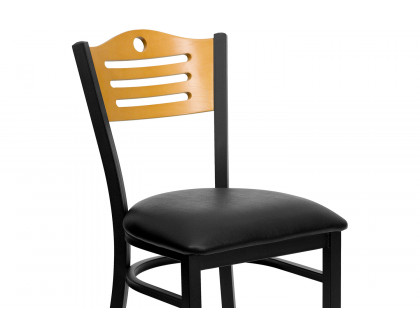 BLNK HERCULES Series Black Metal Slat Back Restaurant Chair with Natural Wood Back and Vinyl Seat - Black