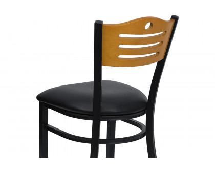 BLNK HERCULES Series Black Metal Slat Back Restaurant Chair with Natural Wood Back and Vinyl Seat - Black