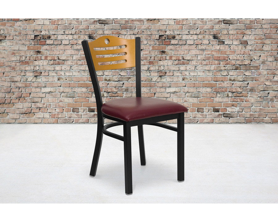 BLNK HERCULES Series Black Metal Slat Back Restaurant Chair with Natural Wood Back and Vinyl Seat