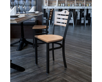 BLNK HERCULES Series Black Metal Slat Back Restaurant Chair with Wood Back and Seat