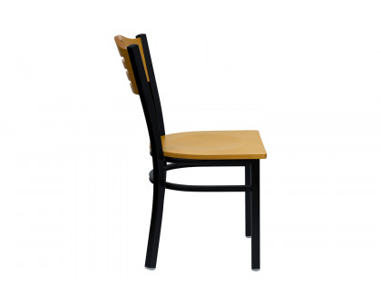 BLNK HERCULES Series Black Metal Slat Back Restaurant Chair with Wood Back and Seat - Natural