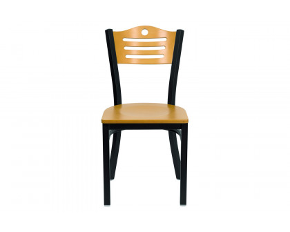 BLNK HERCULES Series Black Metal Slat Back Restaurant Chair with Wood Back and Seat - Natural