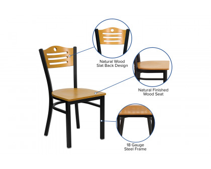 BLNK HERCULES Series Black Metal Slat Back Restaurant Chair with Wood Back and Seat - Natural