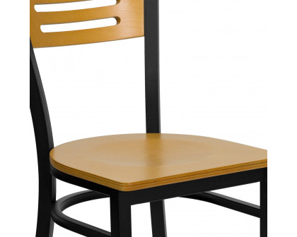 BLNK HERCULES Series Black Metal Slat Back Restaurant Chair with Wood Back and Seat - Natural