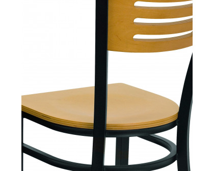 BLNK HERCULES Series Black Metal Slat Back Restaurant Chair with Wood Back and Seat - Natural