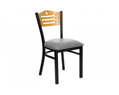 BLNK HERCULES Series Black Metal Slat Back Restaurant Chair with Wood Back and Custom Upholstered Seat