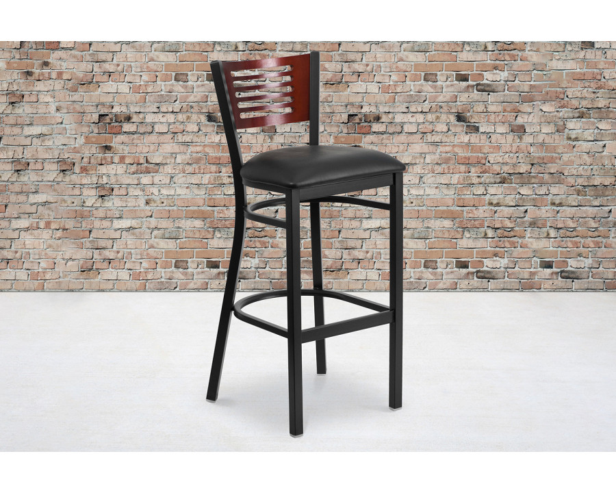 BLNK HERCULES Series Black Metal Slat Back Restaurant Bar Stool with Mahogany Wood Back and Vinyl Seat