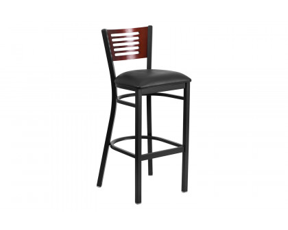 BLNK HERCULES Series Black Metal Slat Back Restaurant Bar Stool with Mahogany Wood Back and Vinyl Seat