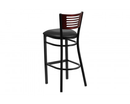 BLNK HERCULES Series Black Metal Slat Back Restaurant Bar Stool with Mahogany Wood Back and Vinyl Seat - Black