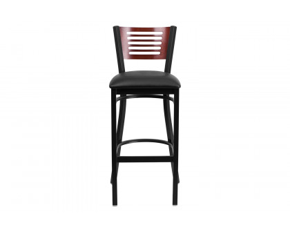 BLNK HERCULES Series Black Metal Slat Back Restaurant Bar Stool with Mahogany Wood Back and Vinyl Seat - Black