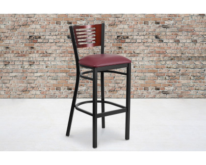 BLNK HERCULES Series Black Metal Slat Back Restaurant Bar Stool with Mahogany Wood Back and Vinyl Seat