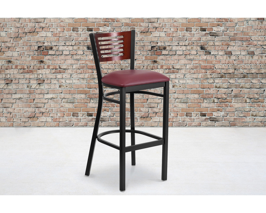 BLNK HERCULES Series Black Metal Slat Back Restaurant Bar Stool with Mahogany Wood Back and Vinyl Seat - Burgundy