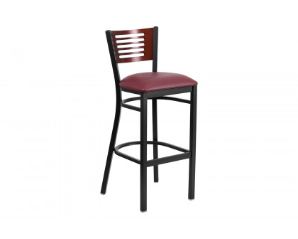 BLNK HERCULES Series Black Metal Slat Back Restaurant Bar Stool with Mahogany Wood Back and Vinyl Seat - Burgundy