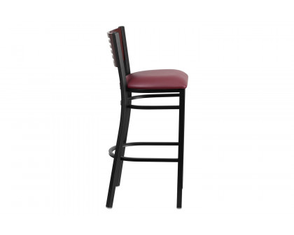 BLNK HERCULES Series Black Metal Slat Back Restaurant Bar Stool with Mahogany Wood Back and Vinyl Seat - Burgundy