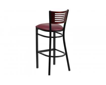 BLNK HERCULES Series Black Metal Slat Back Restaurant Bar Stool with Mahogany Wood Back and Vinyl Seat - Burgundy