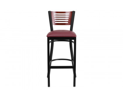 BLNK HERCULES Series Black Metal Slat Back Restaurant Bar Stool with Mahogany Wood Back and Vinyl Seat - Burgundy