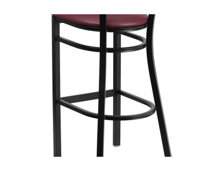 BLNK HERCULES Series Black Metal Slat Back Restaurant Bar Stool with Mahogany Wood Back and Vinyl Seat - Burgundy