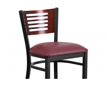 BLNK HERCULES Series Black Metal Slat Back Restaurant Bar Stool with Mahogany Wood Back and Vinyl Seat - Burgundy