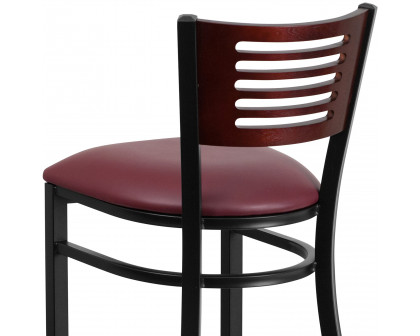 BLNK HERCULES Series Black Metal Slat Back Restaurant Bar Stool with Mahogany Wood Back and Vinyl Seat - Burgundy