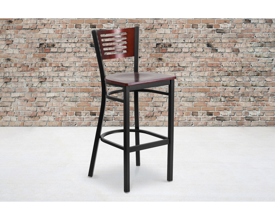 BLNK HERCULES Series Black Metal Slat Back Restaurant Bar Stool with Mahogany Wood Back and Seat