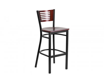 BLNK HERCULES Series Black Metal Slat Back Restaurant Bar Stool with Mahogany Wood Back and Seat