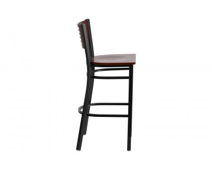 BLNK HERCULES Series Black Metal Slat Back Restaurant Bar Stool with Mahogany Wood Back and Seat