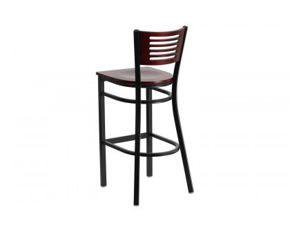 BLNK HERCULES Series Black Metal Slat Back Restaurant Bar Stool with Mahogany Wood Back and Seat