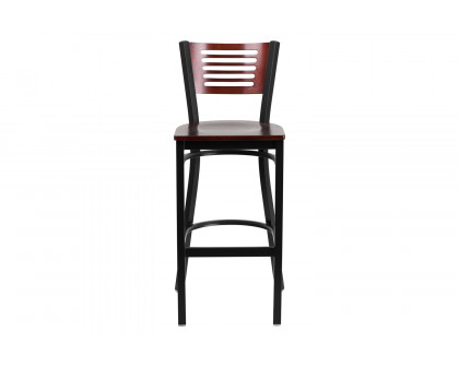 BLNK HERCULES Series Black Metal Slat Back Restaurant Bar Stool with Mahogany Wood Back and Seat