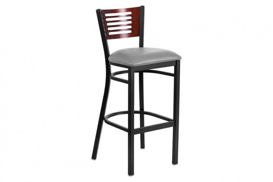 BLNK™ HERCULES Series Black Metal Slat Back Restaurant Bar Stool with Wood Back and Custom Upholstered Seat - Mahogany