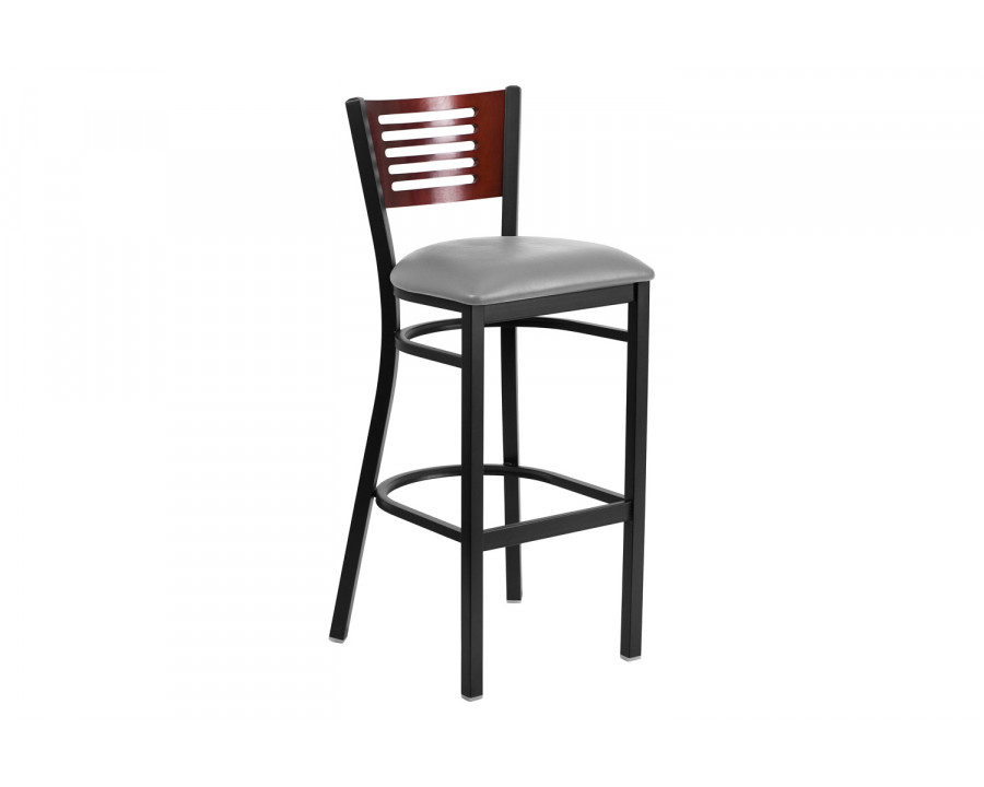 BLNK HERCULES Series Black Metal Slat Back Restaurant Bar Stool with Wood Back and Custom Upholstered Seat