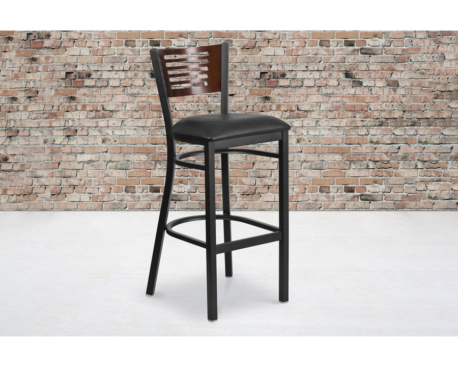 BLNK HERCULES Series Black Metal Slat Back Restaurant Bar Stool with Walnut Wood Back and Vinyl Seat