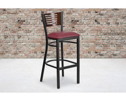 BLNK HERCULES Series Black Metal Slat Back Restaurant Bar Stool with Walnut Wood Back and Vinyl Seat