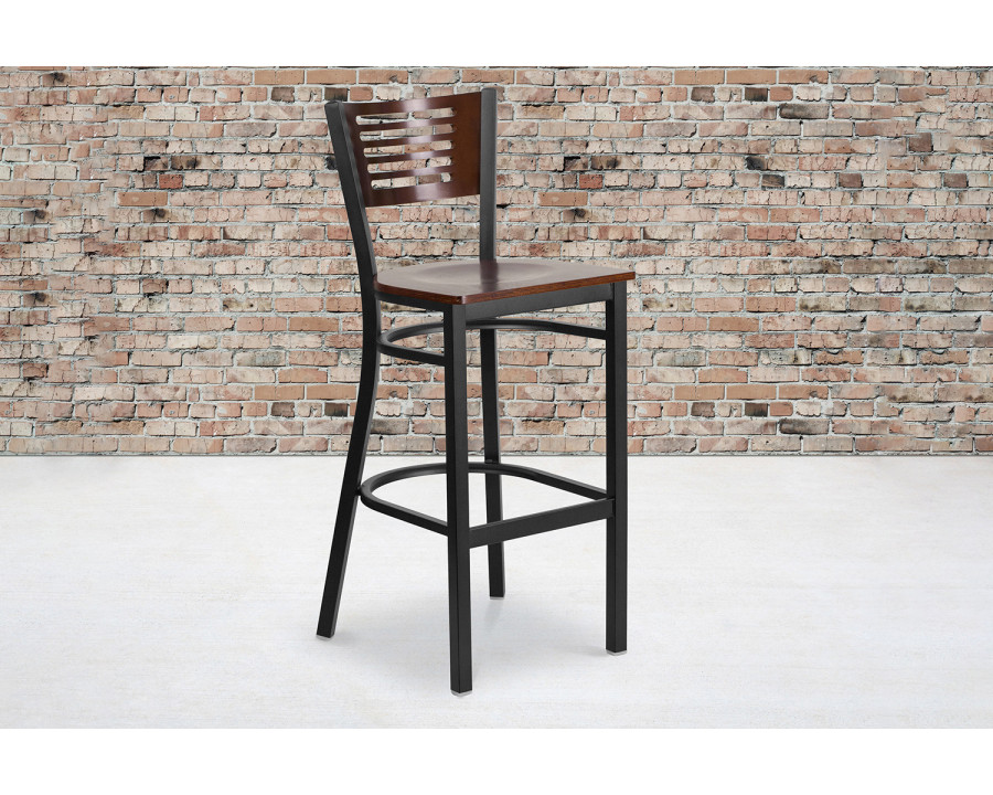 BLNK HERCULES Series Black Metal Slat Back Restaurant Bar Stool with Mahogany Wood Back and Seat