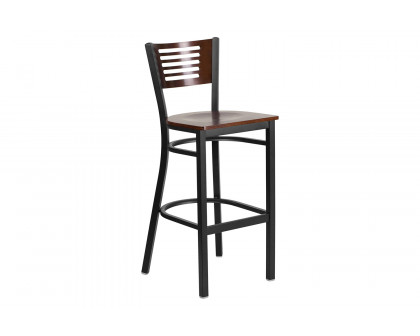 BLNK HERCULES Series Black Metal Slat Back Restaurant Bar Stool with Mahogany Wood Back and Seat