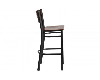 BLNK HERCULES Series Black Metal Slat Back Restaurant Bar Stool with Walnut Wood Back and Seat