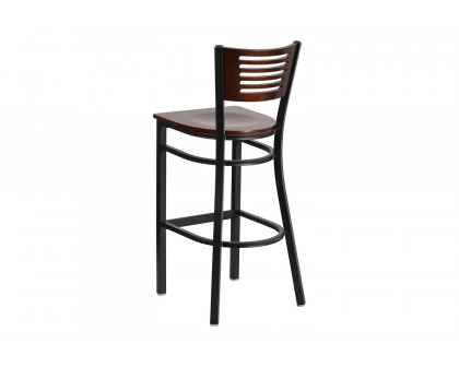 BLNK HERCULES Series Black Metal Slat Back Restaurant Bar Stool with Walnut Wood Back and Seat