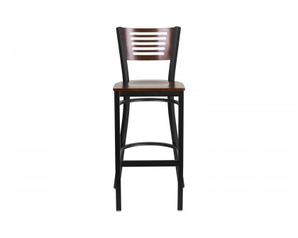 BLNK HERCULES Series Black Metal Slat Back Restaurant Bar Stool with Walnut Wood Back and Seat