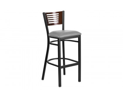 BLNK HERCULES Series Black Metal Slat Back Restaurant Bar Stool with Wood Back and Custom Upholstered Seat