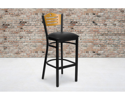 BLNK HERCULES Series Black Metal Slat Back Restaurant Bar Stool with Natural Wood Back and Vinyl Seat