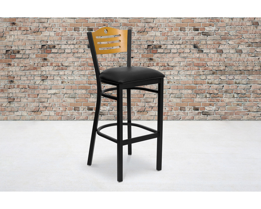 BLNK HERCULES Series Black Metal Slat Back Restaurant Bar Stool with Natural Wood Back and Vinyl Seat - Black