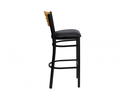 BLNK HERCULES Series Black Metal Slat Back Restaurant Bar Stool with Natural Wood Back and Vinyl Seat - Black