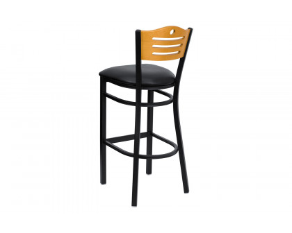 BLNK HERCULES Series Black Metal Slat Back Restaurant Bar Stool with Natural Wood Back and Vinyl Seat - Black