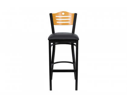 BLNK HERCULES Series Black Metal Slat Back Restaurant Bar Stool with Natural Wood Back and Vinyl Seat - Black