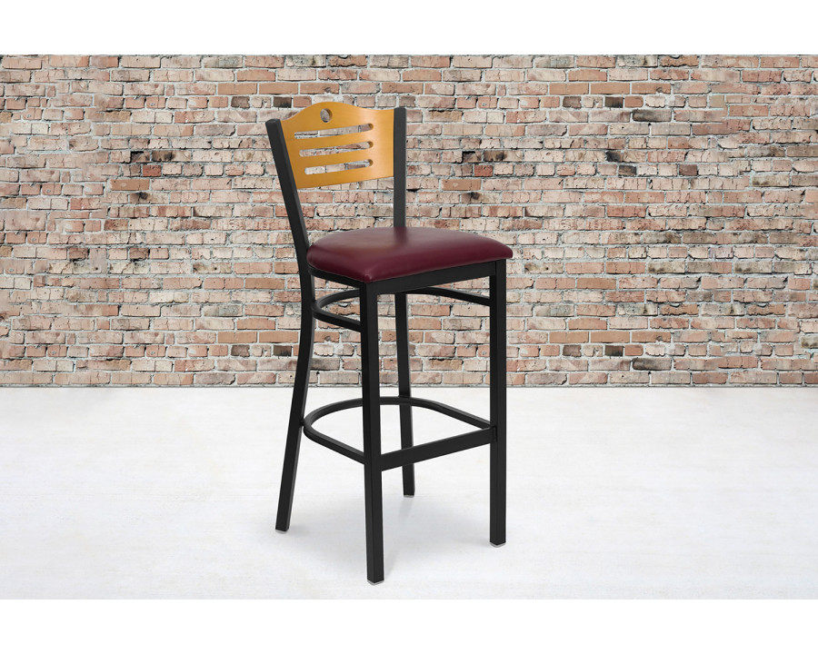 BLNK HERCULES Series Black Metal Slat Back Restaurant Bar Stool with Natural Wood Back and Vinyl Seat