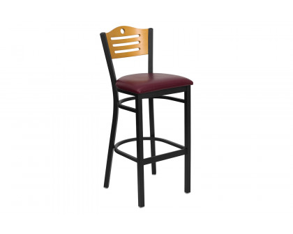 BLNK HERCULES Series Black Metal Slat Back Restaurant Bar Stool with Natural Wood Back and Vinyl Seat