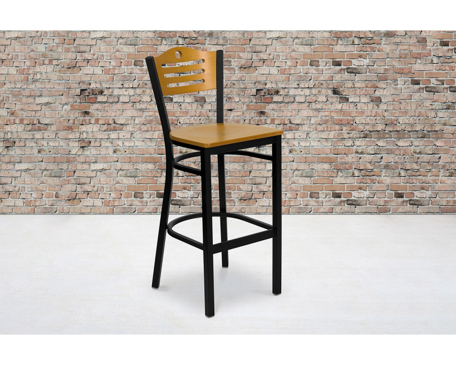 BLNK - HERCULES Series Black Metal Slat Back Restaurant Bar Stool with Natural Wood Back and Seat